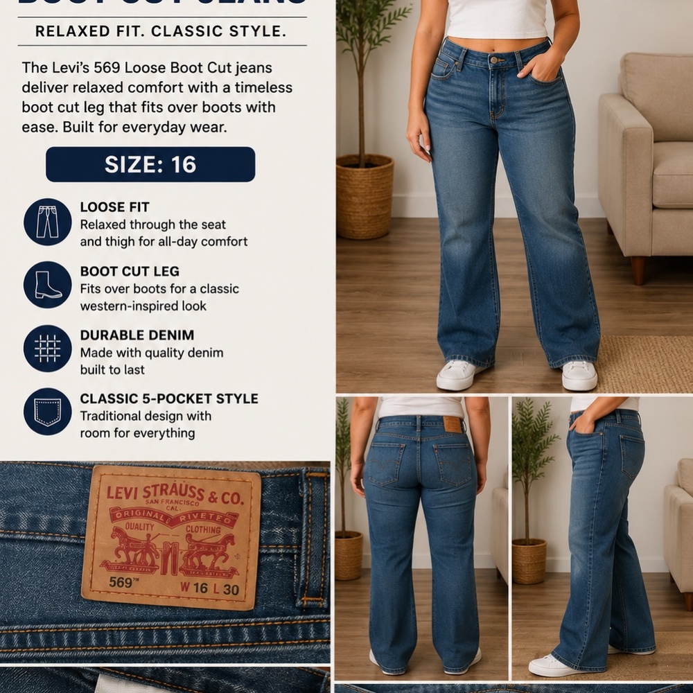 Levi’s 569 Boot Cut Jeans – Women’s Size 16 – Medium Wash Denim